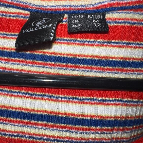 Volcom Girls M 8 Striped Crop Top Red Blue Short Sleeve Ribbed Stretch Tee - Picture 6 of 8